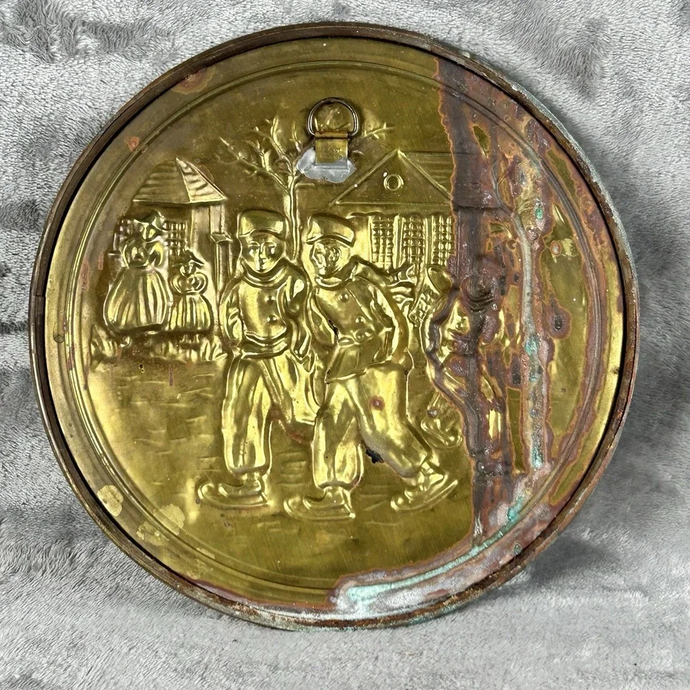 Vintage Elpec Brass Wall Plaque Art Dutch Winter Scene Made In England Patina